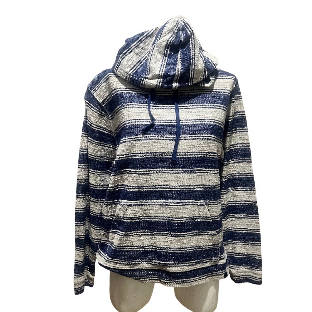 Lucky Brand Baja Hoodie Mens Size M Blue White Striped Pullover Kangaroo